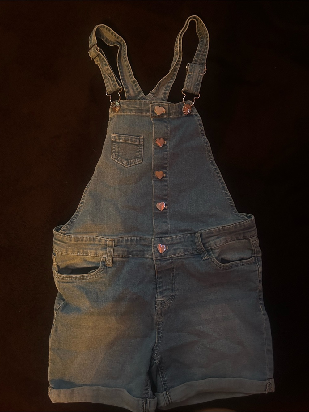 Vigoss Denim Short Overalls with Heart Buttons - Light Blue